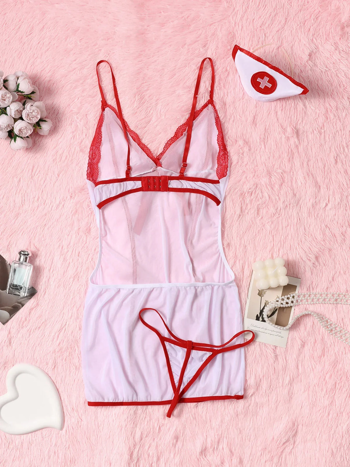 Sexy Sheer Mesh Naughty Nurse Role Play Costume – Color Block Cami Dress, Thong &amp; Hat for Women, Perfect for Intimate Nights