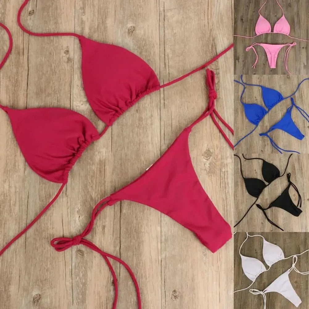 2025 Sexy Halter Solid Color Bikini Set Women&