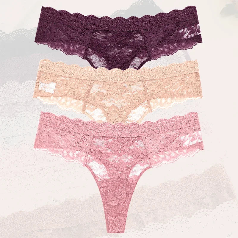 3-Piece Lace Thong Panties for Women – Seamless, Low-Rise Lingerie