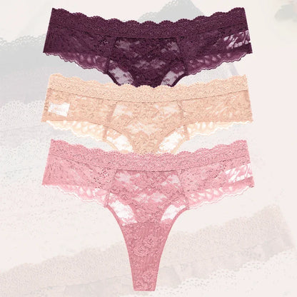 3-Piece Lace Thong Panties for Women – Seamless, Low-Rise Lingerie