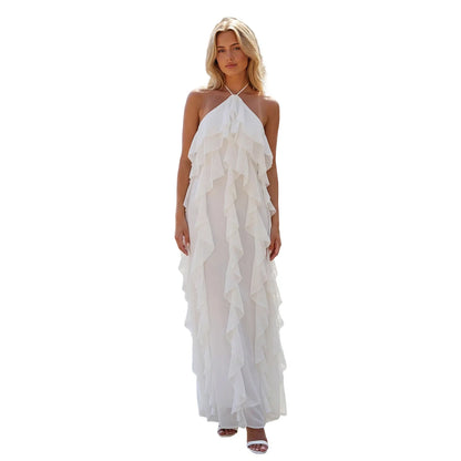 Women Fashionable Backless Sleeveless Ruffle Dresses Summer Holiday Beach  Solid Color Halter Long Dress
