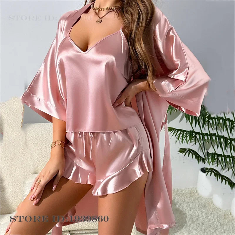Female 3PCS Pajamas Set Kimono Bathrobe Gown Spring Summer New Sleepwear Strap Top&amp;shorts Lingerie Loose Silk Satin Home Wear