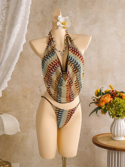 Sexy Coffee Striped Bikini Set 2026 Women Cover Up+Long Skirt 4 Piece Swimsuit Summer Bathing Suit Holiday Swimwear Biquini