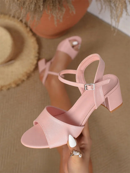 Size 42 Summer Classic Black White Ankle Strap Sandals for Women Elegant Blue Pink Square Heels Office Lady Shoes