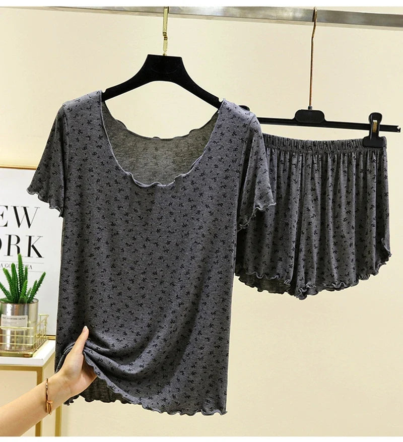 Chic Modal Floral Print 2Pcs Set Soft And Breathable Short-Sleeve Top And Shorts Loose Relaxed Fit Women&