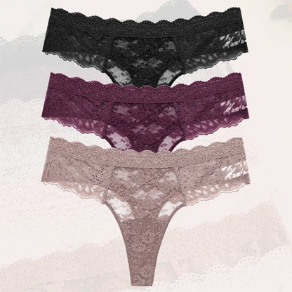 3-Piece Lace Thong Panties for Women – Seamless, Low-Rise Lingerie