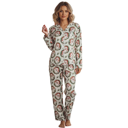 Christmas Pajamas Sets for Women Print Button Up Long Sleeve Lapel V Neck Tops and Pants Lounge Wear Satin 2 Pieces Suits
