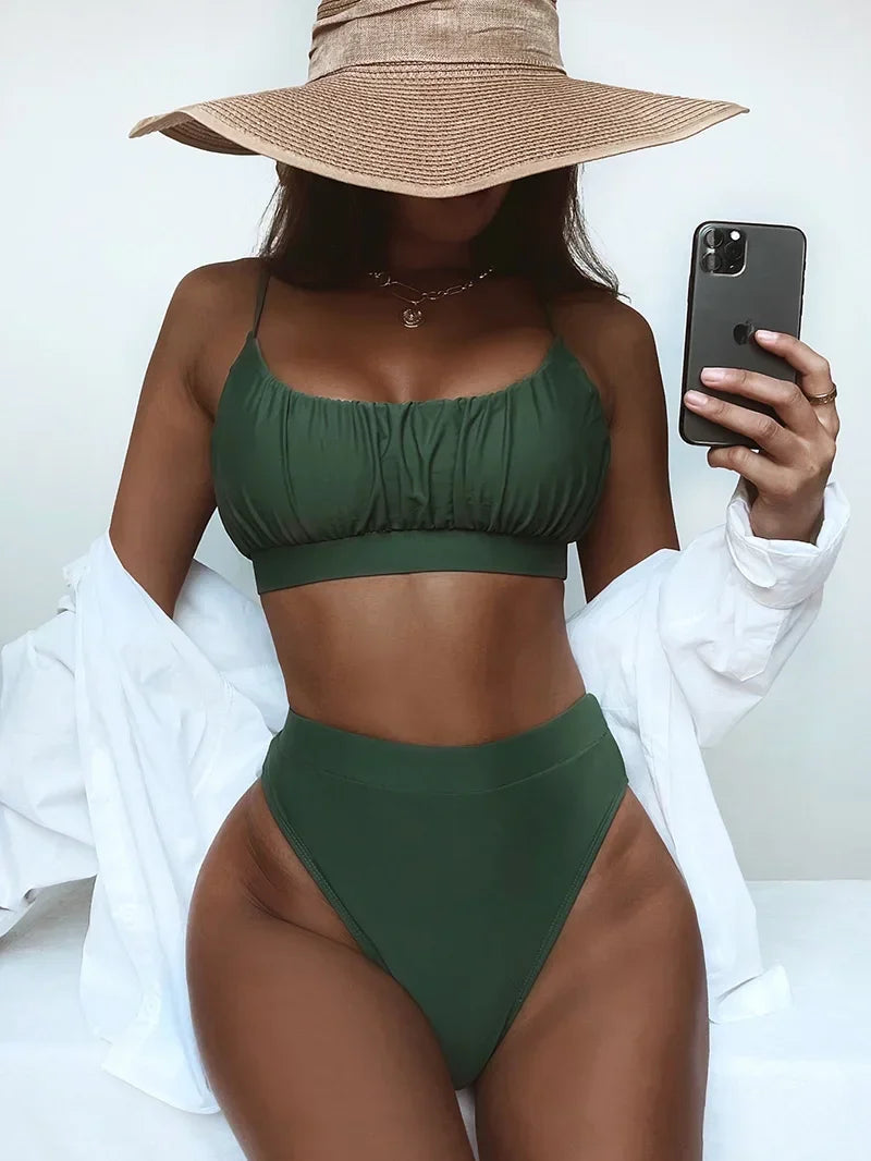 2026 Wrinkled Ruched High Waist Bikini Women Swimsuit Female Swimwear Two Pieces Bikini Set High Cut Bathing Suit Swim Beachwear