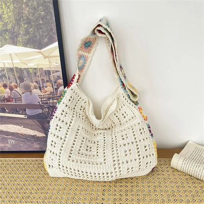 Dawndesslo Boho Crochet Bag Floral Knitted Handbag With Large Capacity