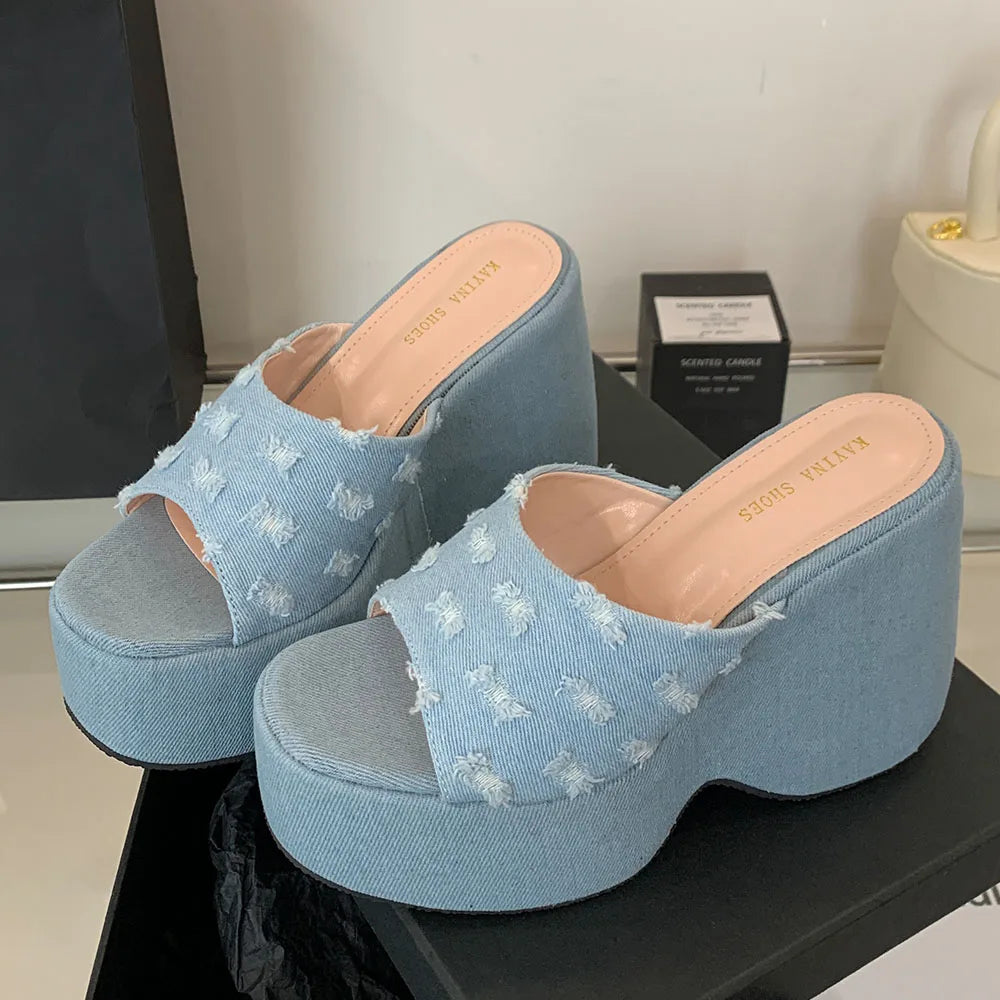 2025 Vintge Denim Blue Summer Chunky Platform Sandals Women Slides Chunky High Heels Wedges Shoes Mules Outdoor Slipper