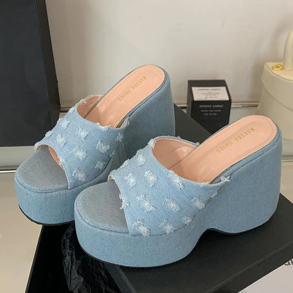 2025 Vintge Denim Blue Summer Chunky Platform Sandals Women Slides Chunky High Heels Wedges Shoes Mules Outdoor Slipper