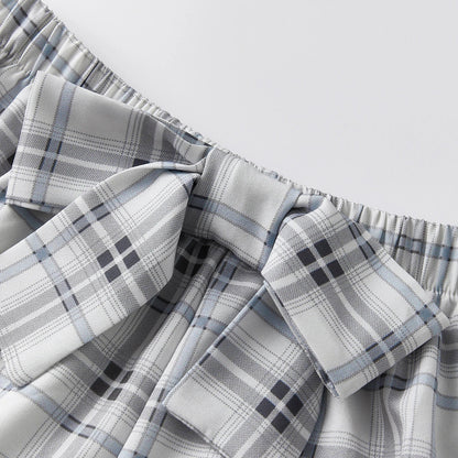 Women’s Cute Lounge Clothes Long Sleeve Bow Front Plaid Print Shirt + Shorts Set Summer Fall 2 Piece Pajamas Set