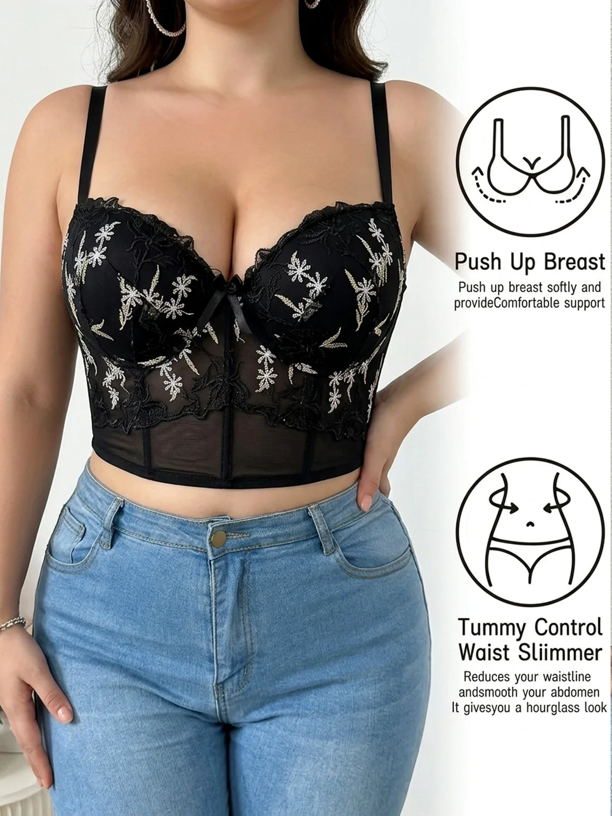 Plus Size Floral Embroidered Lace Bustier Bra – Push Up, Tummy Control &amp; Non-Slip Corset Top