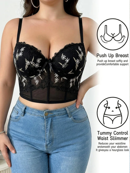 Plus Size Floral Embroidered Lace Bustier Bra – Push Up, Tummy Control &amp; Non-Slip Corset Top
