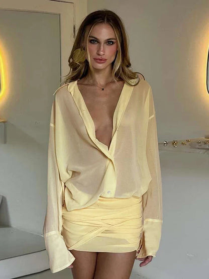 Fashion Solid Mesh Long Sleeved Backless Pleated Prom Dresses Chic Ruffle Bow Lace Up Women Mini Dresses Lady Spring Party Robe