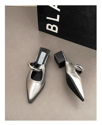 2026 New Summer Women Cover Toe Mules Slippers Fashion Metal Decoration Thick Heel Slide Shoes Comfort Street Style Footwear