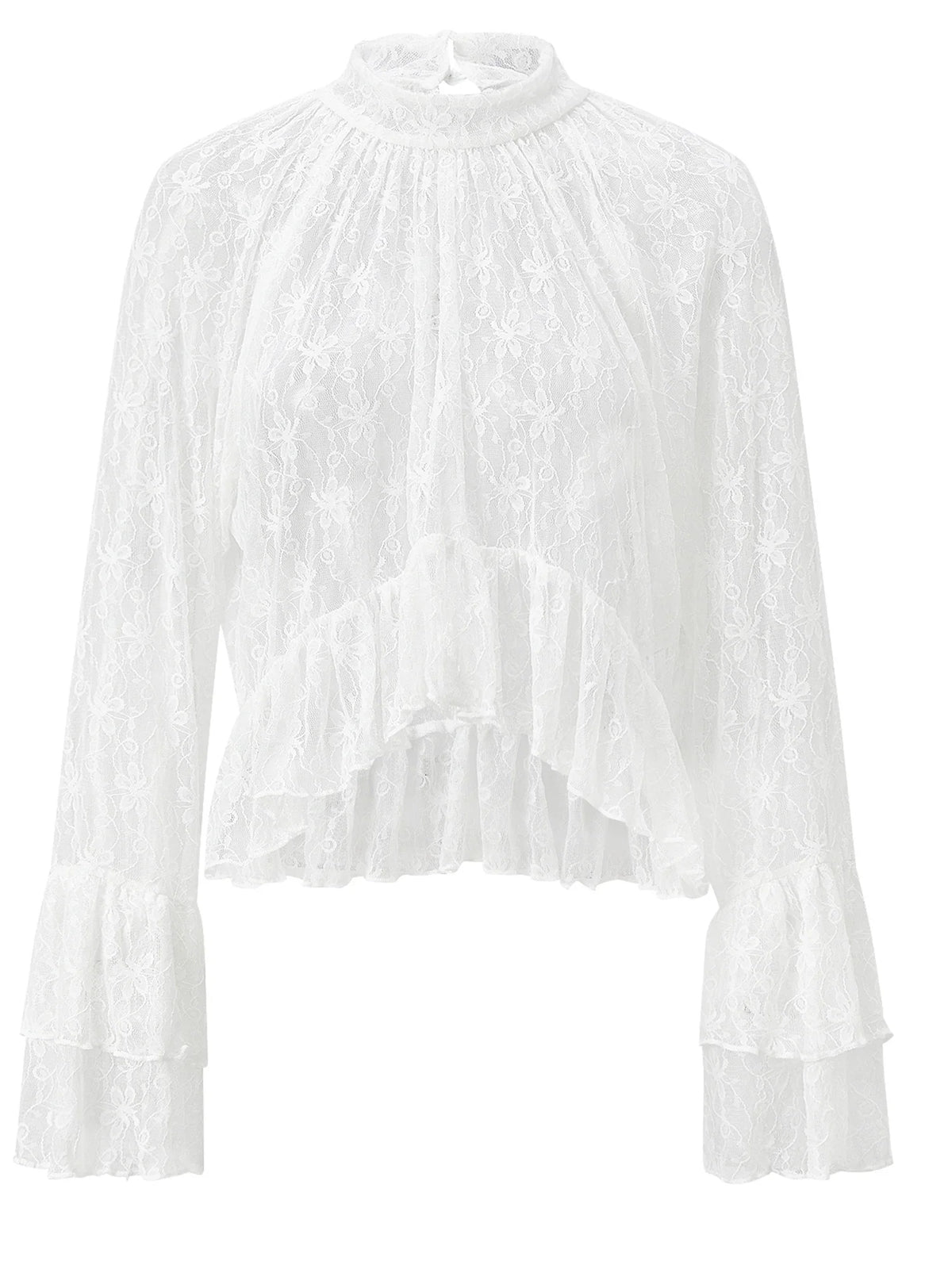Womens Summer Sheer Shirts Flare Long Sleeve Mock Neck Lace Floral Tops Fashion Ruffled Peplum Hem Cropped T-shirts