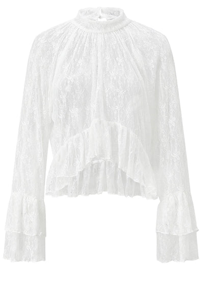 Womens Summer Sheer Shirts Flare Long Sleeve Mock Neck Lace Floral Tops Fashion Ruffled Peplum Hem Cropped T-shirts