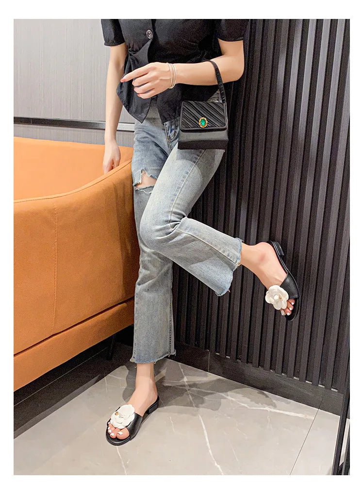 High End Luxury Flower Slippers Women Camellia Shoes Open Toe Slides Femme Outside&amp;Home Pantuflas Sandals Ladies Flip Flops