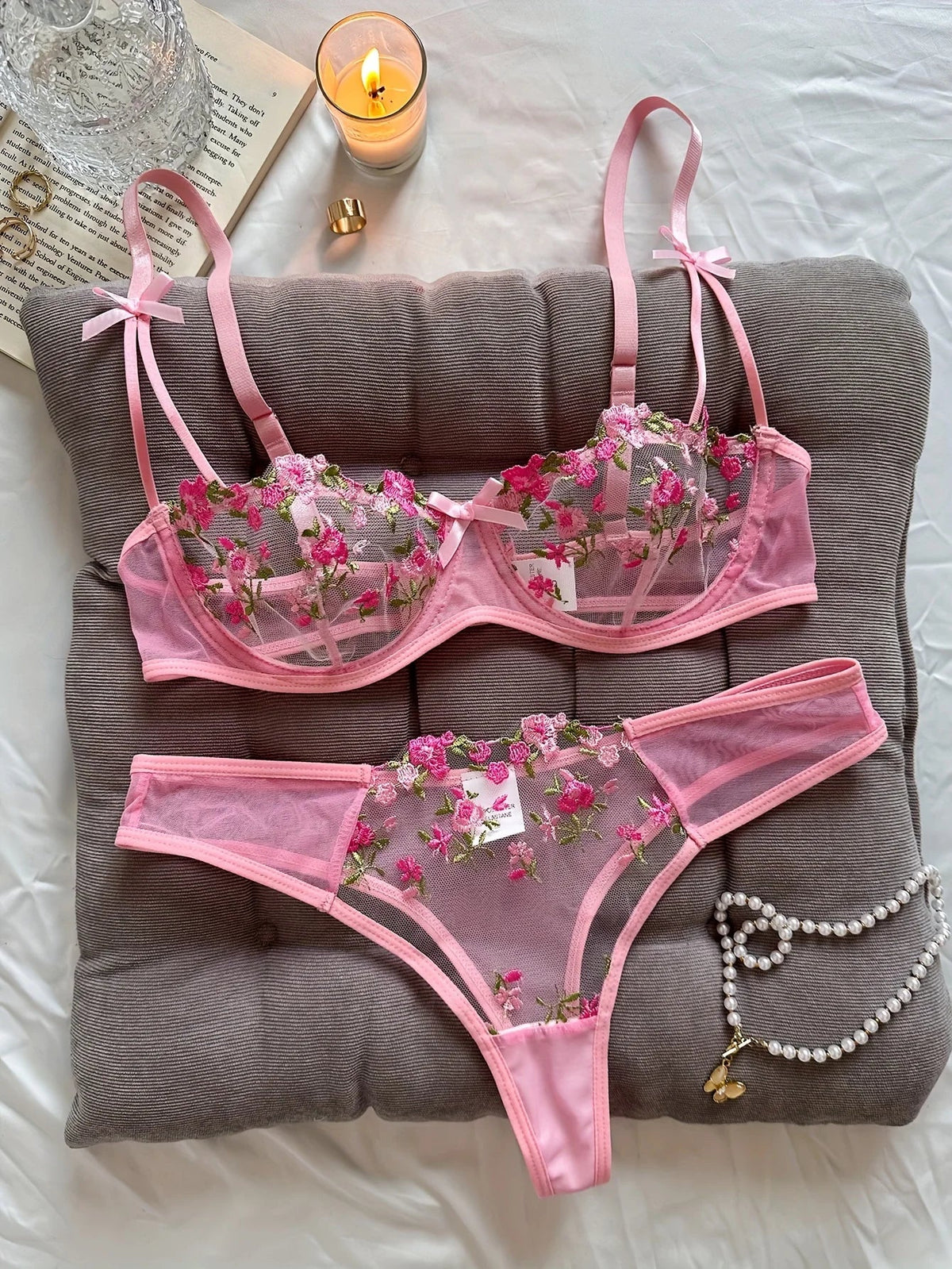 Night Beautiful Sexy Women 2 Piece floral Embroidery Underwear Sexy Erotic lingerie underwear Set