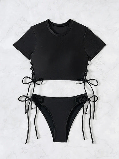 2026 New 2 Piece Swimsuit for Women Solid Color Sexy Drawstring Short Sleeve Bikini Set Beach Vacation Bathing Suit Swimwear