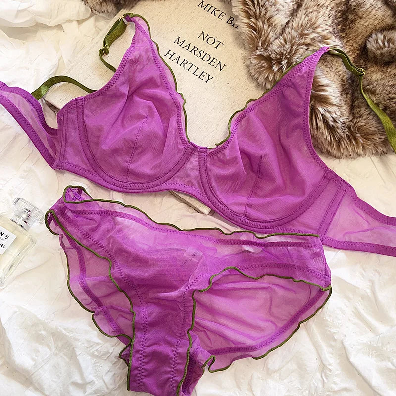 French Ultra Thin Bralette for Women Underwear Top Sexy Deep V Push Up Bra Set Summer Comfort Breathable Lingerie and Panties