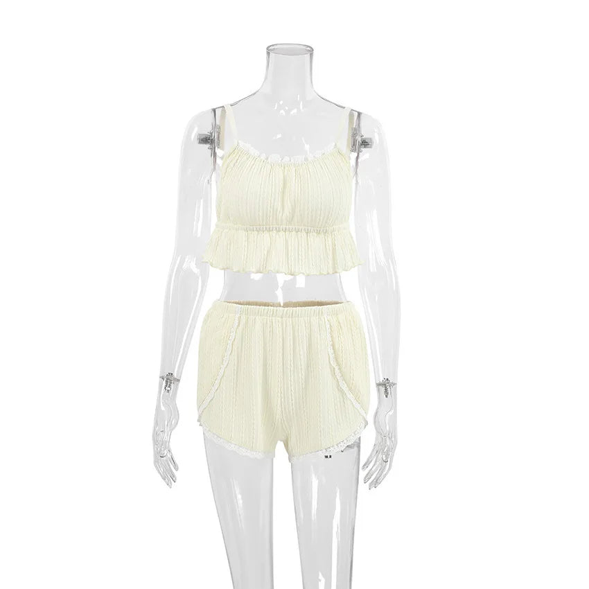 Lace Trim Ruffle Hem U-Neck Strap Cable Textured Cami &amp; Casual Shorts Loungewear Summer Pajamas Set Women Sleepwear
