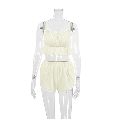 Lace Trim Ruffle Hem U-Neck Strap Cable Textured Cami &amp; Casual Shorts Loungewear Summer Pajamas Set Women Sleepwear