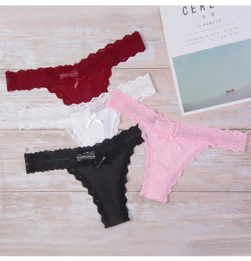 1pcs Low Waist Sexy Lace Elegant Lady Thongs Underwear Solid Breathable Sexy Lingerie Floral Female Panties Bow Women&