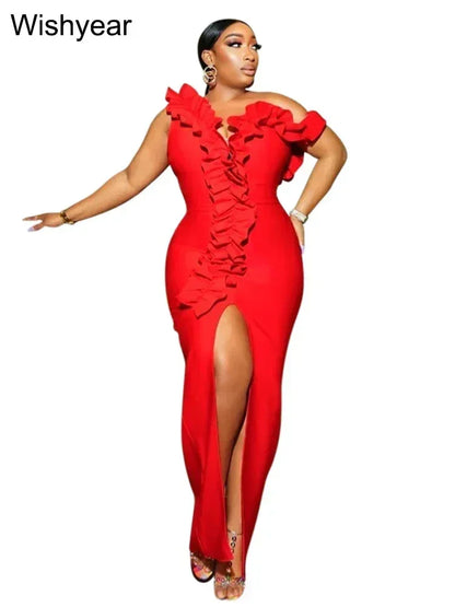 Sexy Night Sleeveless Off Shoulder Wooden Ear Edge Ruffles Bodycon Split Red Midi Dress Women Evening Birthday Party Vestidos