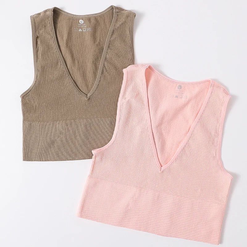 Women Crop Top Sports Bras Sexy Tank Top Female Seamless Underwear V-Neck Camisole Sexy Lingerie Solid Color Vest Top M-XL
