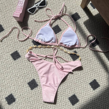 Sexy White Shell String Halter Triangle Bikini Set Women Swimwear Micro Thong Swimsuit Bathing Suit Mini Bikinis 2026 Mujer Swim