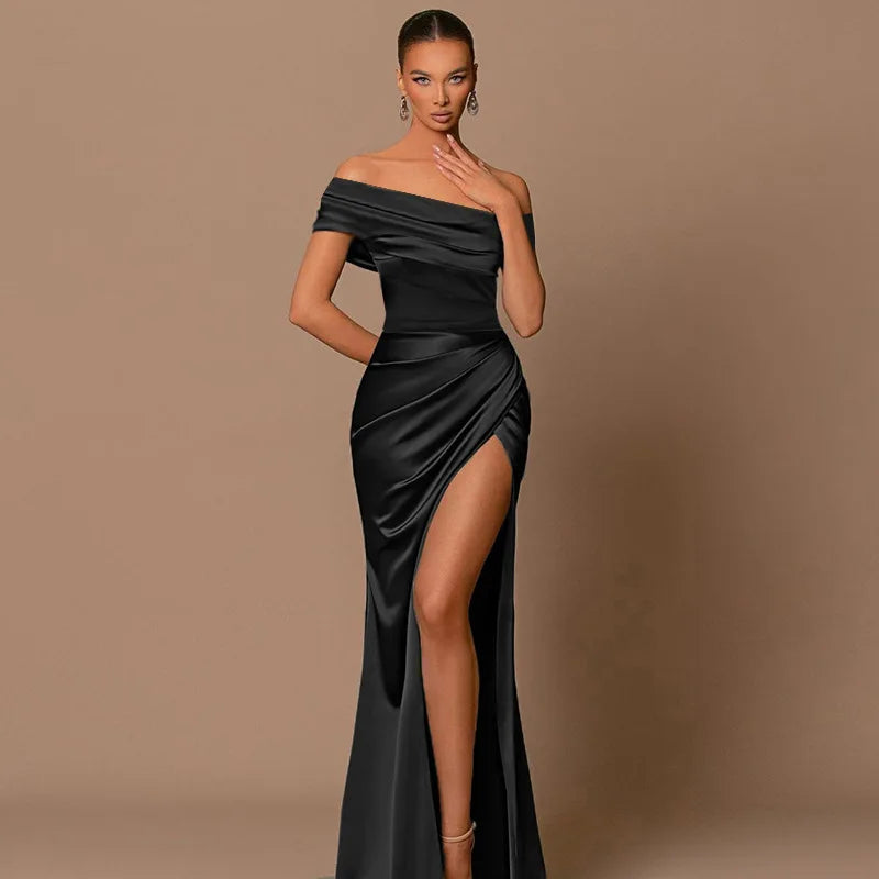 Elegant Satin Solid Color Off-Shoulder Women&