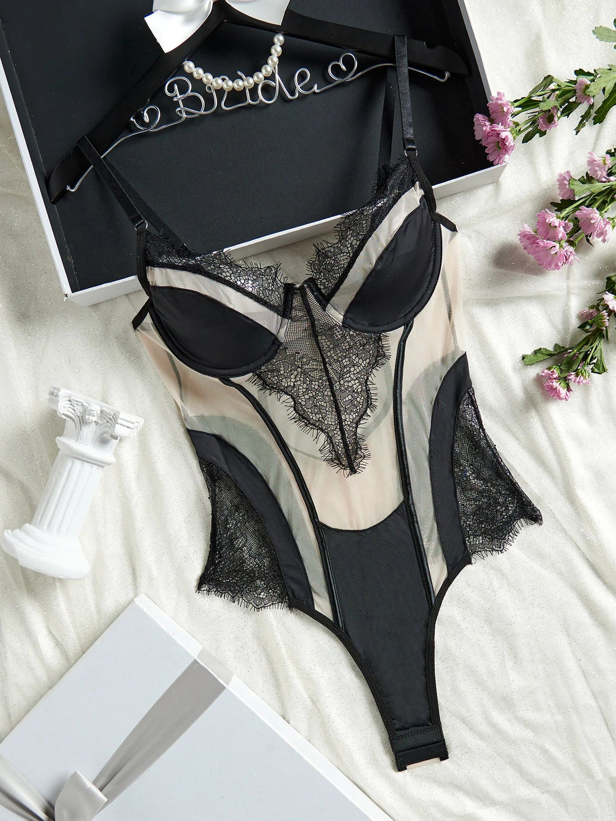 French Ultra Thin Women Bodysuit Set Sexy Lace Embroidery Underwear Breathable Mesh Bodycon Onesies Temptation Hollow Jumpsuit