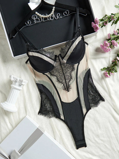 French Ultra Thin Women Bodysuit Set Sexy Lace Embroidery Underwear Breathable Mesh Bodycon Onesies Temptation Hollow Jumpsuit