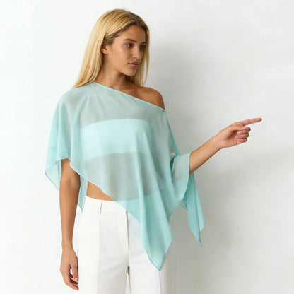 Women Loose Boat Neck Irregular Coverup Tops Casual See Through Shrug Solid Color Sheer Mesh Poncho