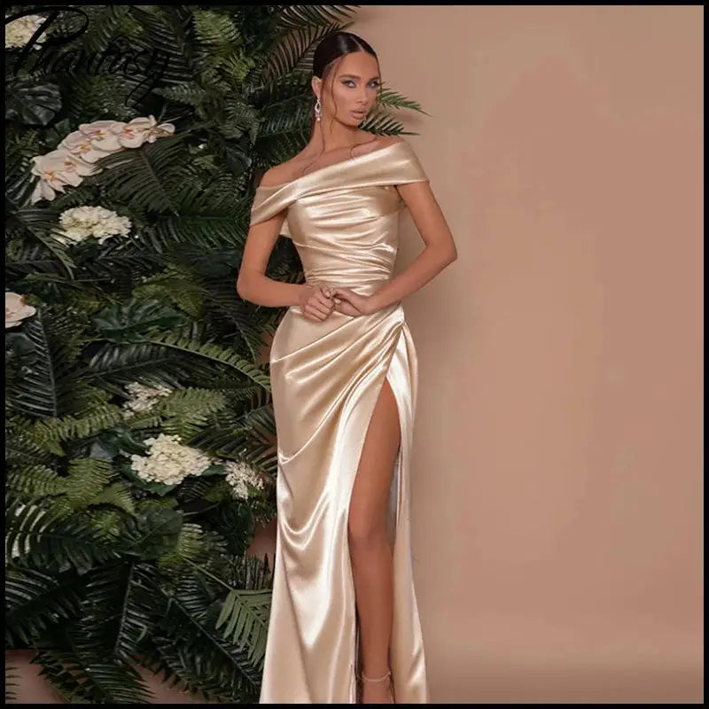 Elegant Satin Solid Color Off-Shoulder Women&