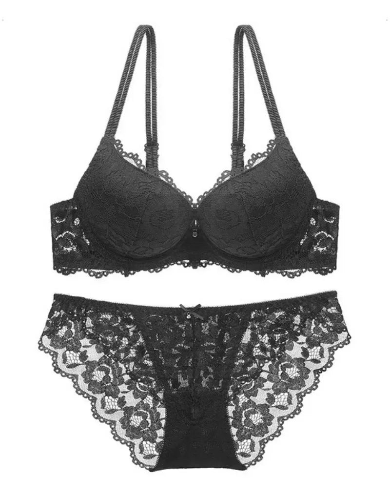 Hollow Lace Floral Sexy lingerie set Bow Padded Push Up women&