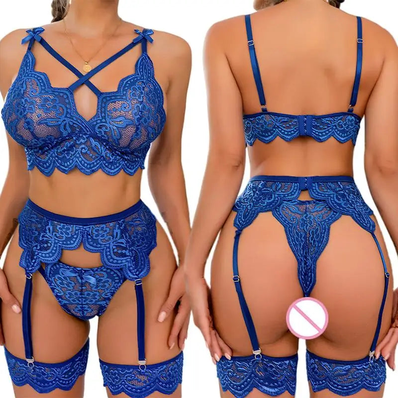 Blue Hot Erotic Mesh Exquisite Lingerie Set Women Lace Bra &amp; Panty &amp;Garter Set Sexy Costume Solid Exotic Lingerie For Ladies