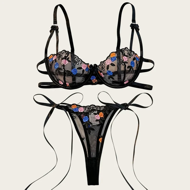 Rose Embroidery Lingerie Set Sexy Women&