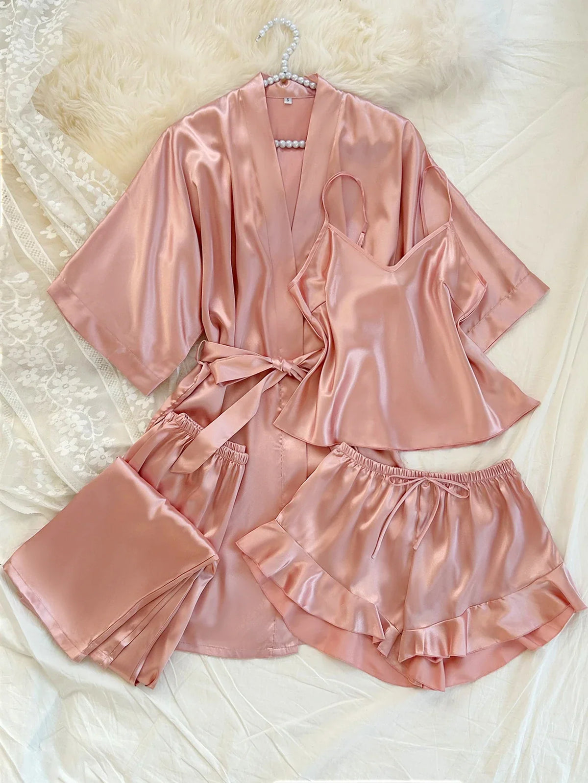 Elegant Solid Satin 4 Pcs Pajamas Set Women Belt Robe V Neck Top Ruffle Hem Shorts And Long Pants Luxury Ladies Night Suit