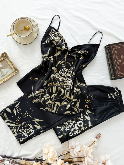 Small Cherry Print Pajamas Set Spring Summer Halter Pants Two Piece Thin Home Wear Women