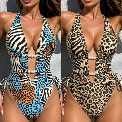 Vintage Blue Leopaed Print Swimwear Women 2026 Pearls V Neck Hollow Out Backless Drawstring Side Bathing Suit One Piece Swimsuit
