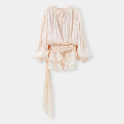 Fashion Solid Mesh Long Sleeved Backless Pleated Prom Dresses Chic Ruffle Bow Lace Up Women Mini Dresses Lady Spring Party Robe
