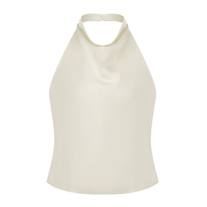 Women Summer Halter Neck Vest Sleeveless Open Back Solid Color Satin Tank Tops