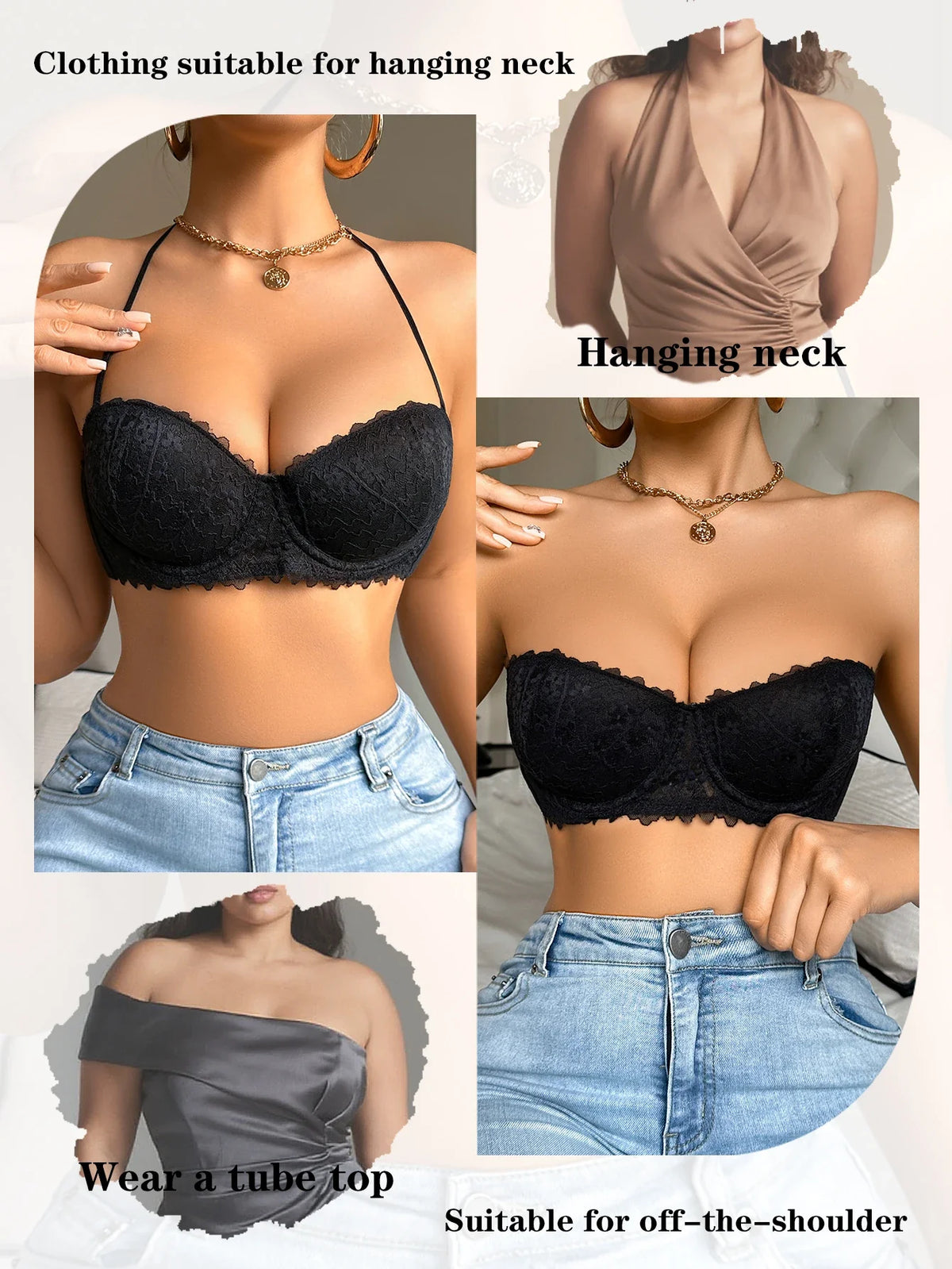 Silicone Pads Strapless Solid Color Sexy Lace Bras Fashionable Outfits Push up Detachable Straps Women&