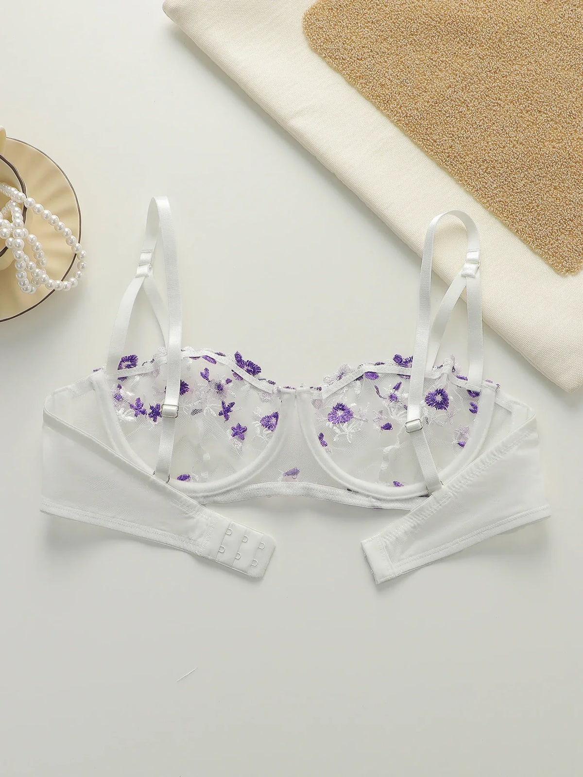 Beautiful flower embroidered bra, transparent sexy underwear with adjustable shoulder straps MR2956