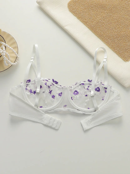 Beautiful flower embroidered bra, transparent sexy underwear with adjustable shoulder straps MR2956