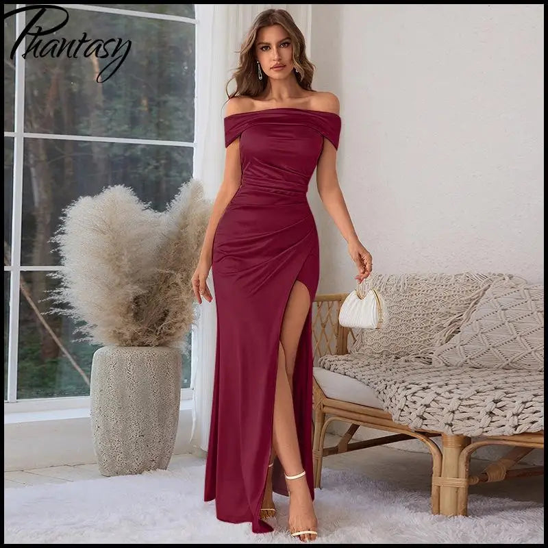Elegant Satin Solid Color Off-Shoulder Women&