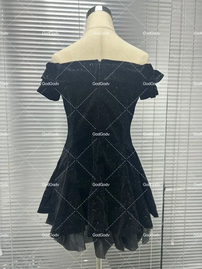 Black French Vintage Elegant Design Woman Dress Gothic Off Shoulder Retro Mini Dress Female Fairy Birthday Party Chic Outfits